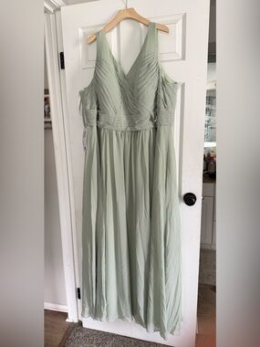 dusty shale bridesmaid dress Chic A Line Dusty Blue Chiffon Slit Bridesmaid Dress with Flared Sleev –  Anniebride main image 1